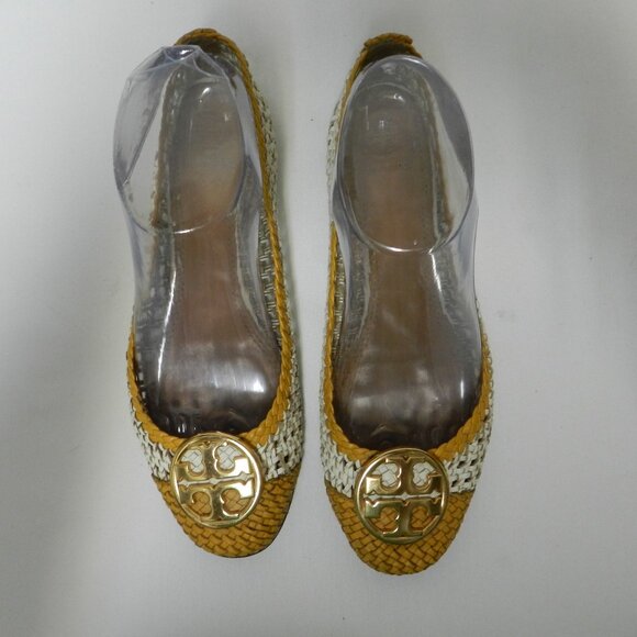 Tory Burch Chelsea Leather Woven Logo flats slides mustard white Size Sz 8.5 - Picture 1 of 13